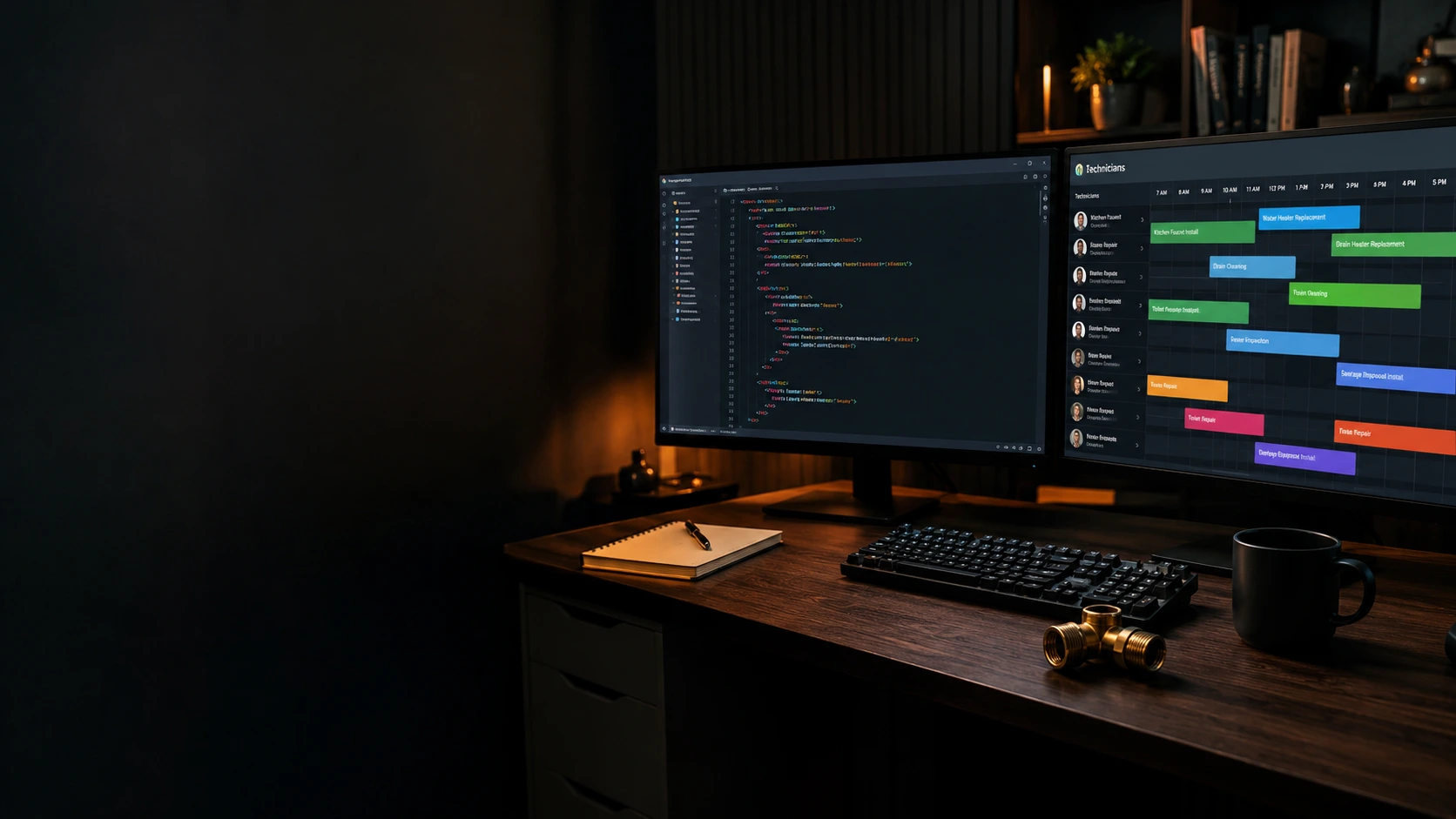 Jerry Schrader's desk at DallasWebPro in Allen, Texas — website code on one monitor and the AugerPros ServiceTitan dispatch board on the other.