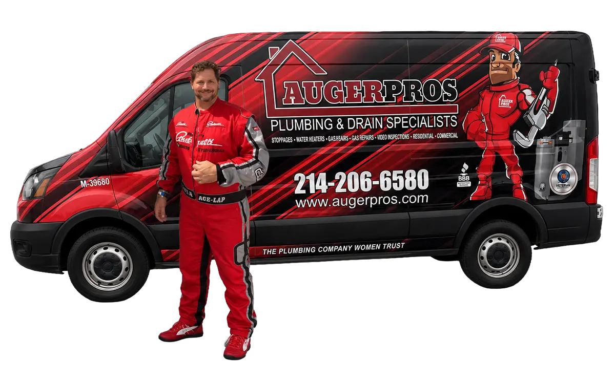 Jerry Schrader, owner of Dallas Web Pro and AugerPros Plumbing and Drain, with a company service van in Allen, Texas.