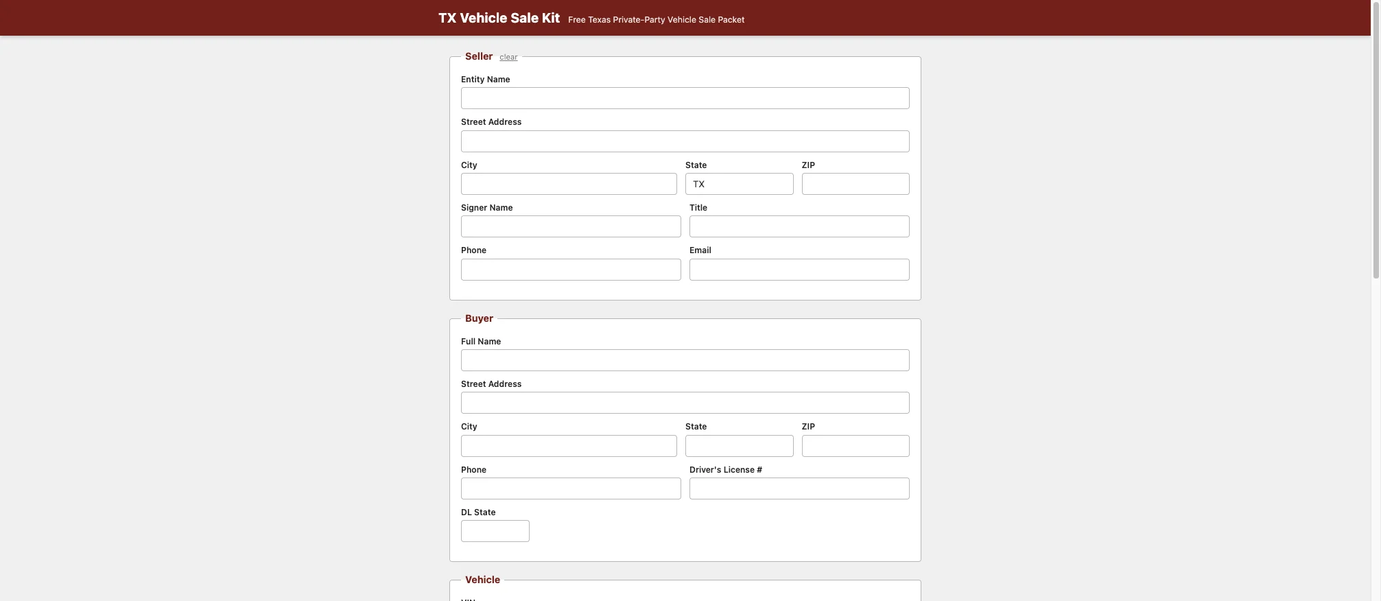 TX Vehicle Sale Kit — free Texas private-party vehicle sale paperwork generator